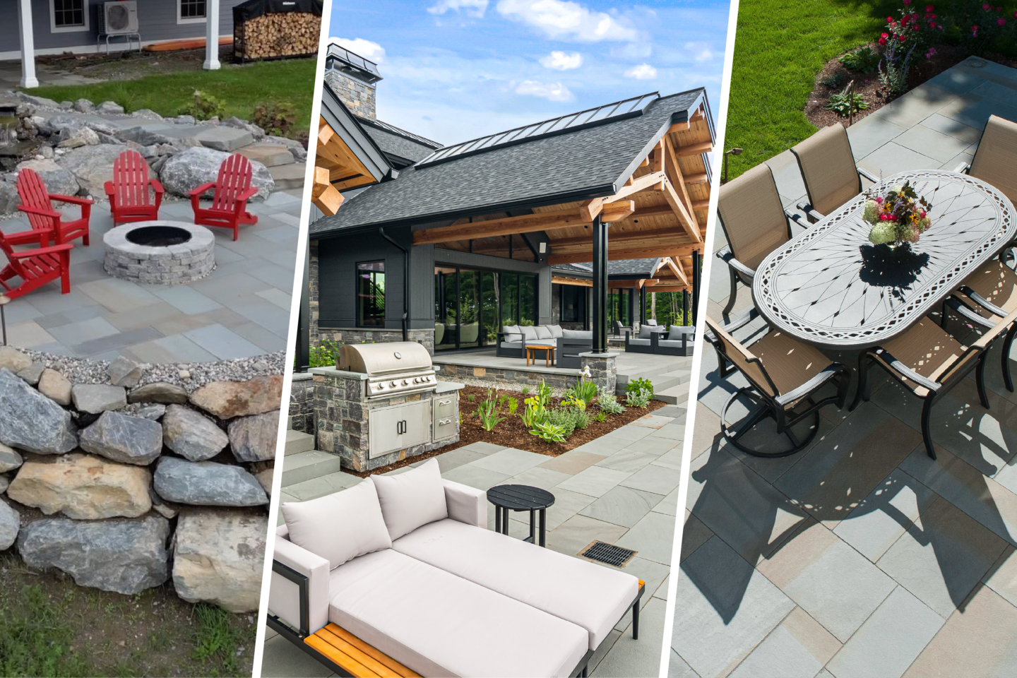Image panel showing three types of outdoor living spaces: a fire pit, pergola with a grill and seating, and dinign table on a patio.