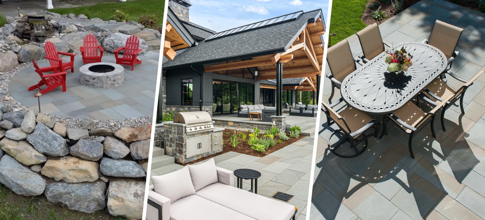 Image panel showing three types of outdoor living spaces: a fire pit, pergola with a grill and seating, and dinign table on a patio.